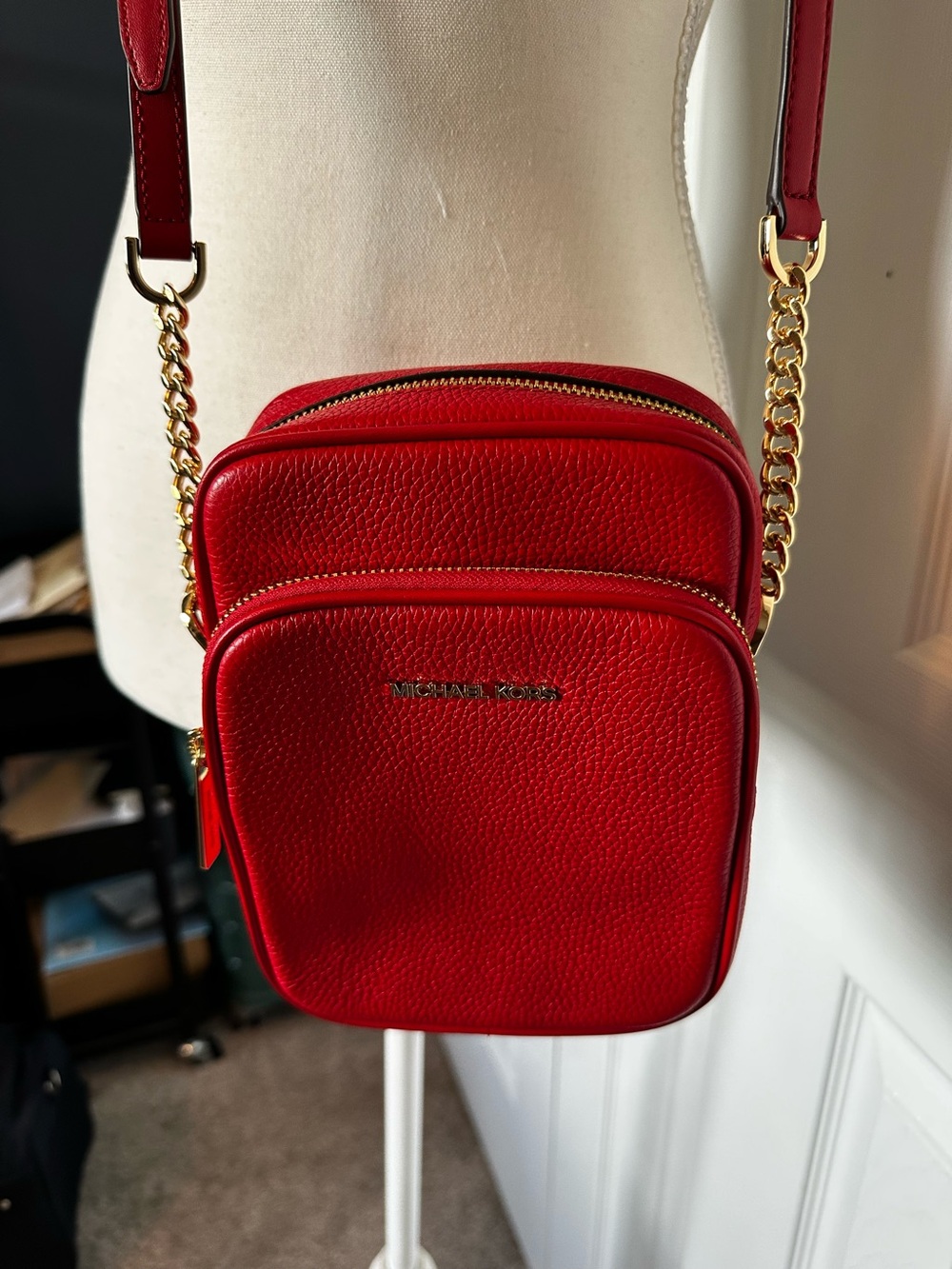 Michael Kors Red Leather Crossbody with Gold Chain Strap